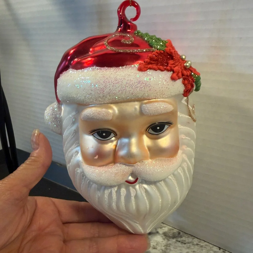 Large Glass Santa Claus Head Christmas Ornament Poinsettia Glitter Red 7